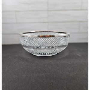 Vintage 1950s Diamond Cut Glass Bowl with Silver Plated Rim